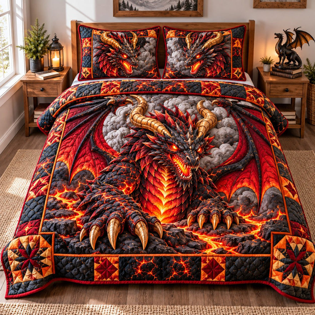 Dragon Fantasy Realm quilted 3-piece bedding set on a made bed with two matching pillow shams
