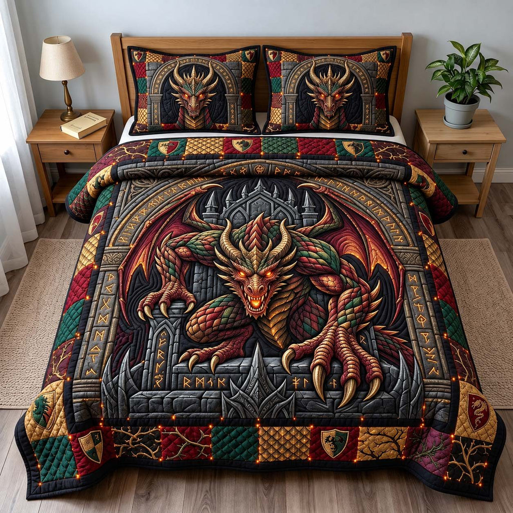 Dragon Fortress quilted 3-piece bedding set on a made bed with two matching pillow shams