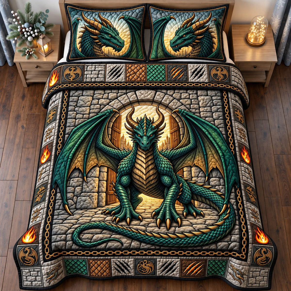 Dragon Gate quilted 3-piece bedding set on a made bed with two matching pillow shams