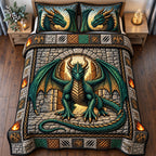 Dragon Gate quilted 3-piece bedding set on a made bed with two matching pillow shams