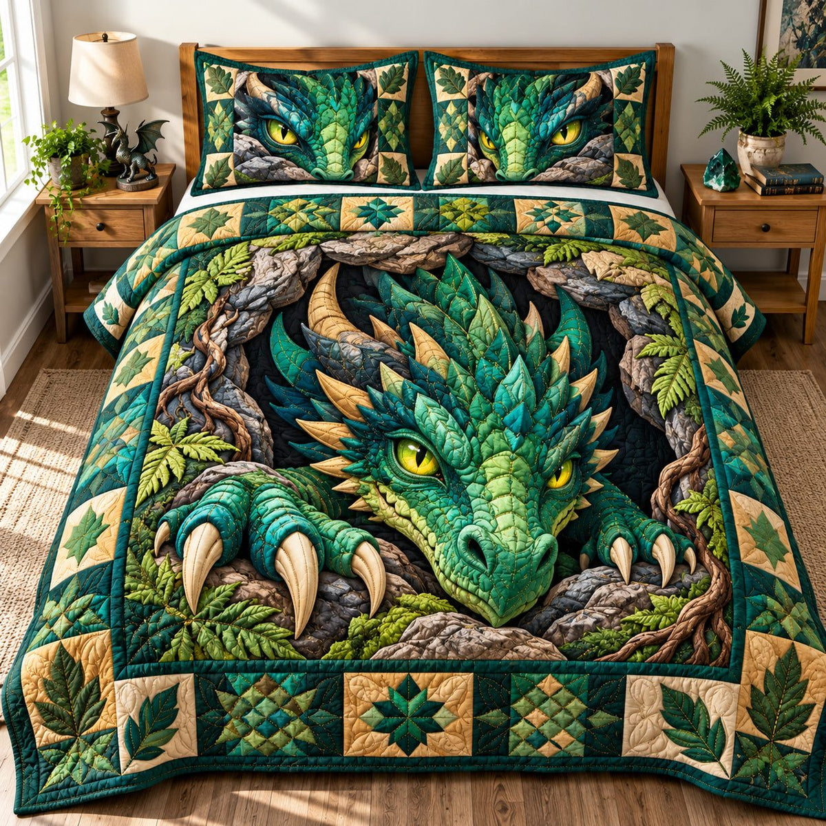 Dragon Mystic Kingdom quilted 3-piece bedding set on a made bed with two matching pillow shams