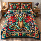 Dragon Mythic Adventure quilted 3-piece bedding set on a made bed in a winter-styled bedroom