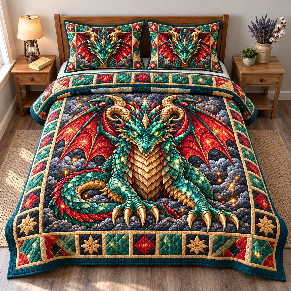Dragon Mythic Adventure quilted 3-piece bedding set on a made bed in a winter-styled bedroom