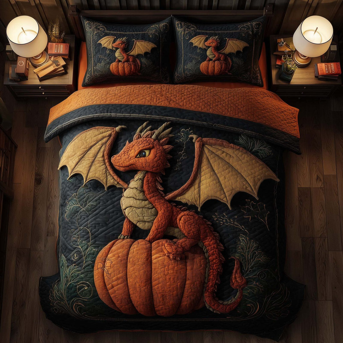 Dragon Pumpkin 3-Piece Quilted Bedding Set GFTONL6062 quilted 3-piece bedding set on a made bed against a dark styled interior