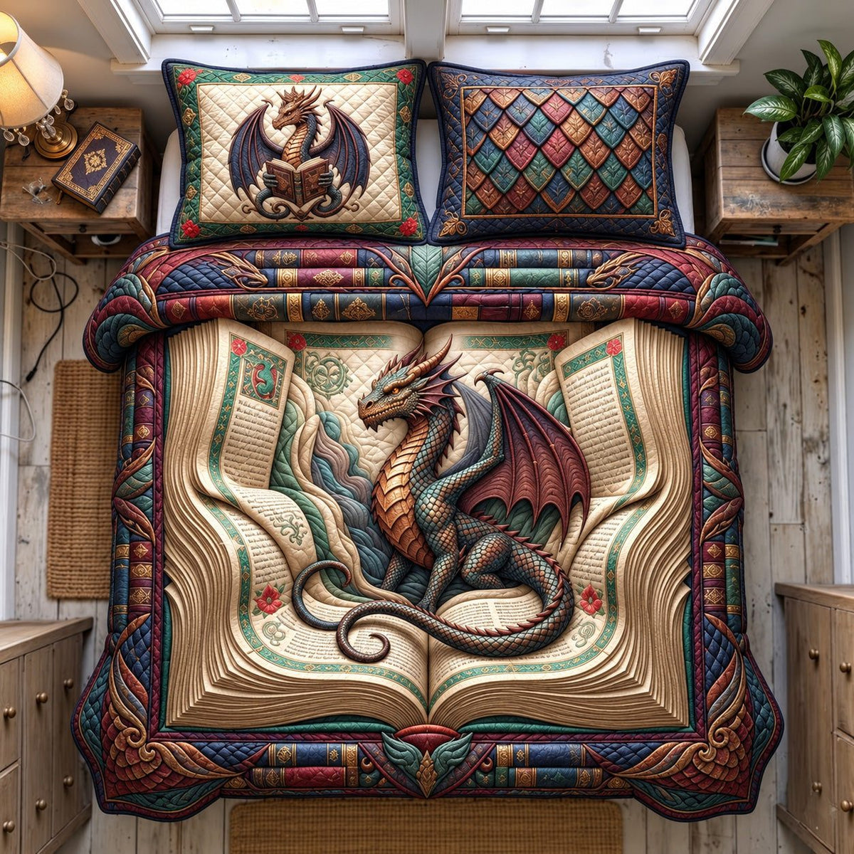 Dragon Storybook quilted 3-piece bedding set on a made bed with two matching pillow shams