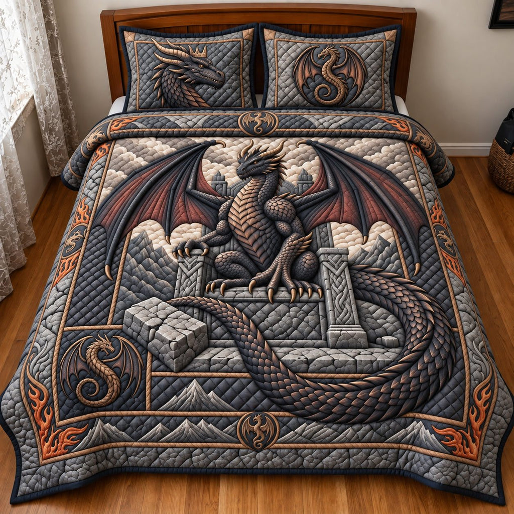 Dragon Throne quilted 3-piece bedding set on a made bed with two matching pillow shams
