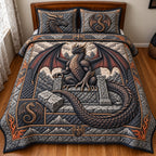 Dragon Throne quilted 3-piece bedding set on a made bed with two matching pillow shams