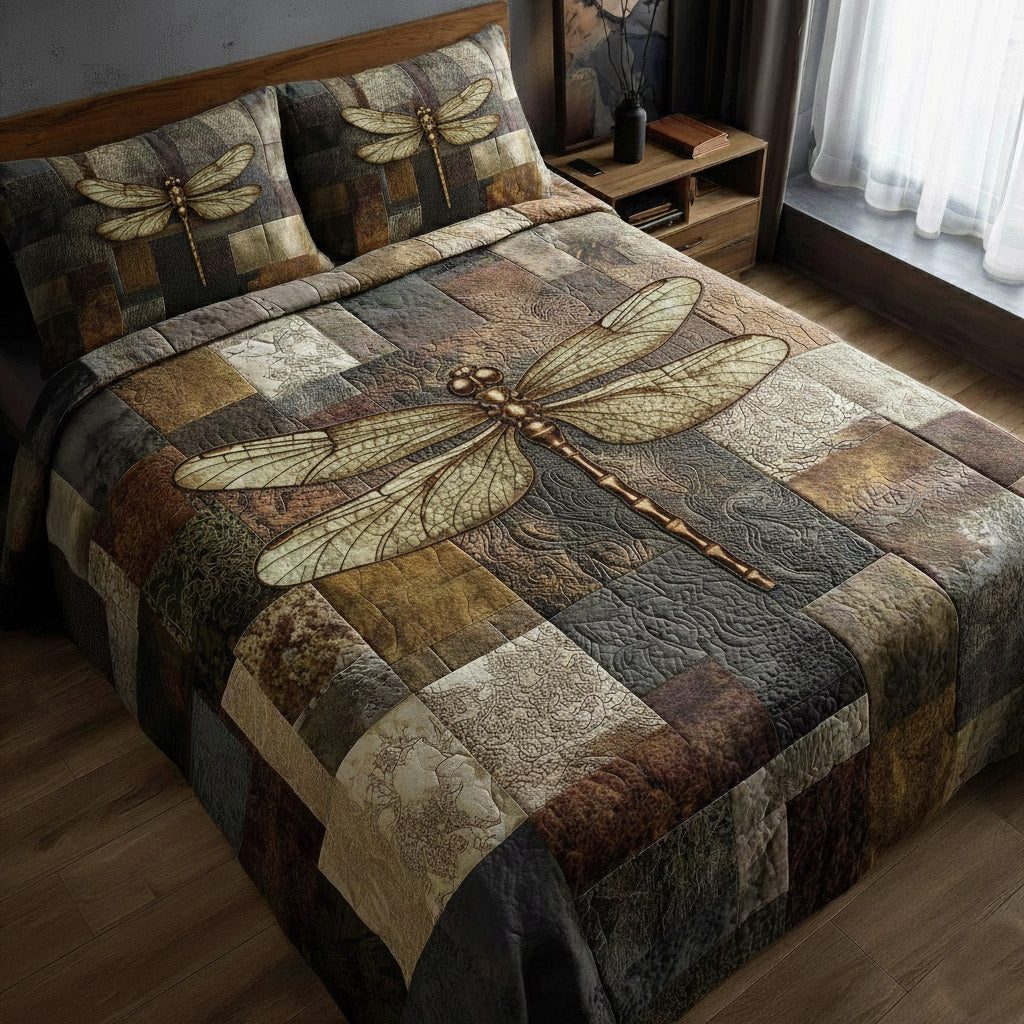 Dragonfly 3-Piece Quilted Bedding Set GFTOMA8376 quilted 3-piece bedding set on a made bed with two matching pillow shams