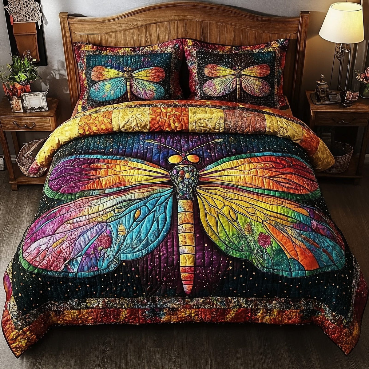 Dragonfly Dream 3-Piece Quilted Bedding Set GFTONL3764 quilted 3-piece bedding set on a made bed with two matching pillow shams