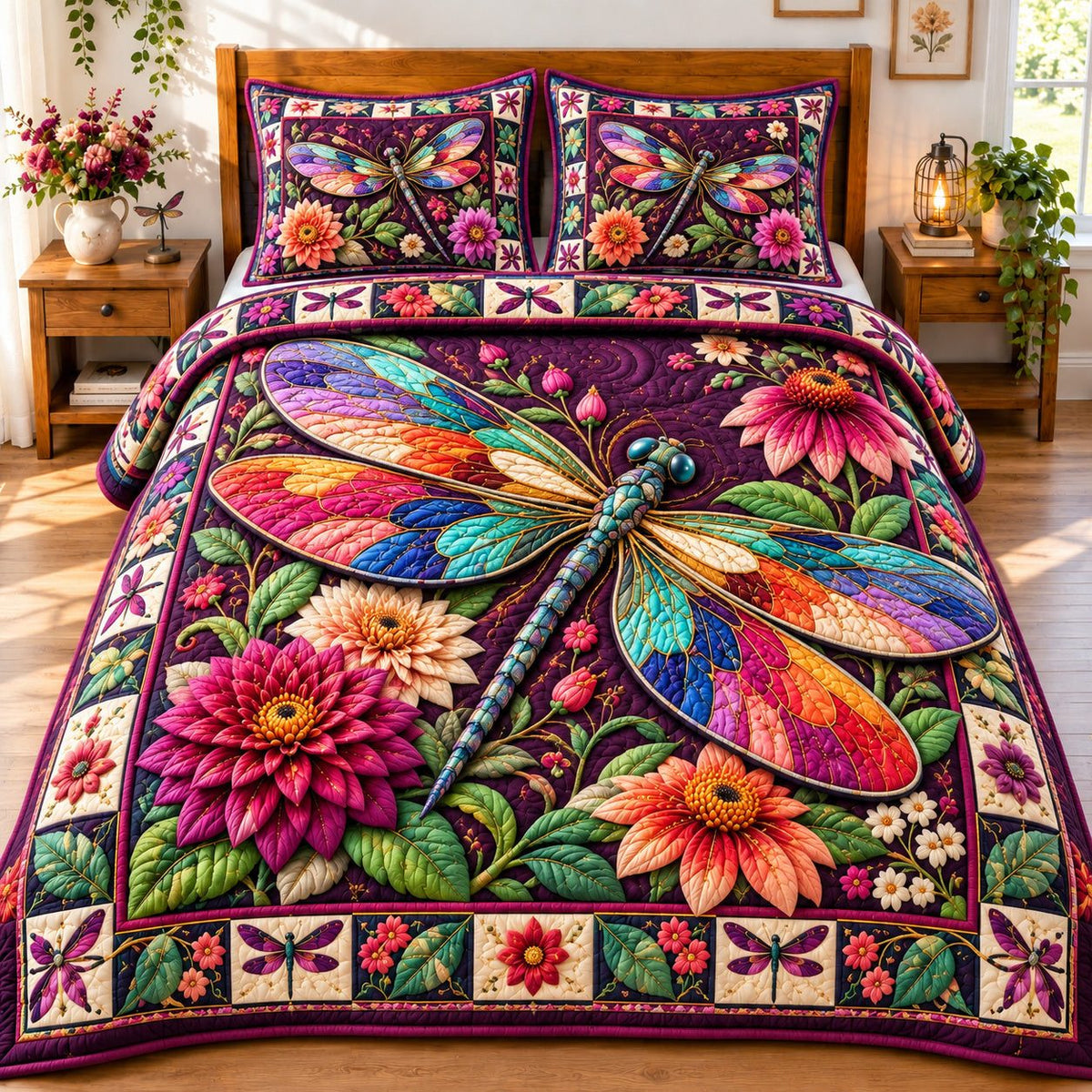 Dragonfly Floral Dreams quilted 3-piece bedding set on a made bed with two matching pillow shams