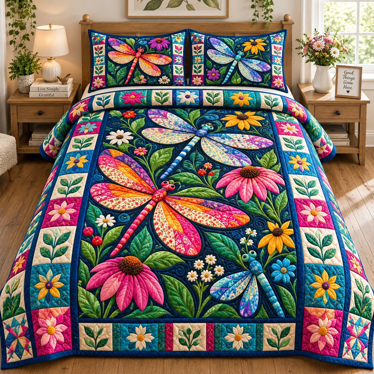 Dragonfly Meadow Glow quilted 3-piece bedding set on a made bed with two matching pillow shams