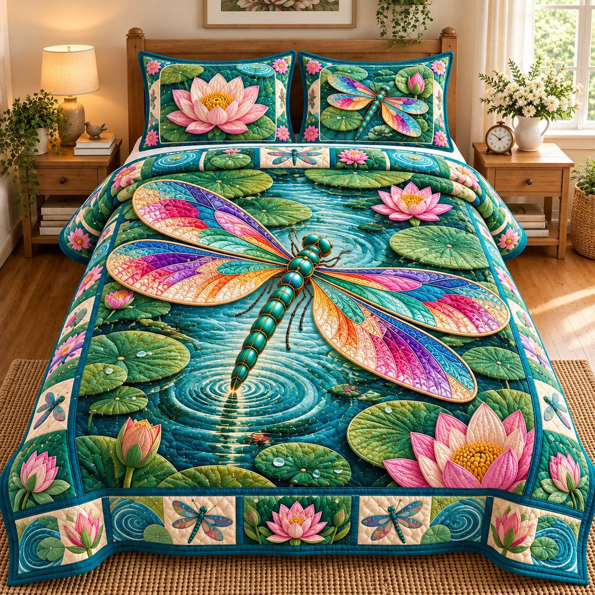 Dragonfly Nature Harmony quilted 3-piece bedding set on a made bed with two matching pillow shams
