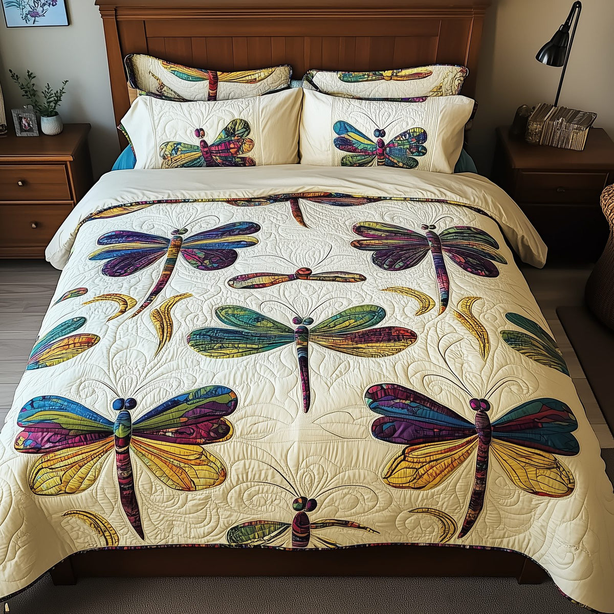 Dragonfly Trio Cream quilted 3-piece bedding set on a made bed with two matching pillow shams