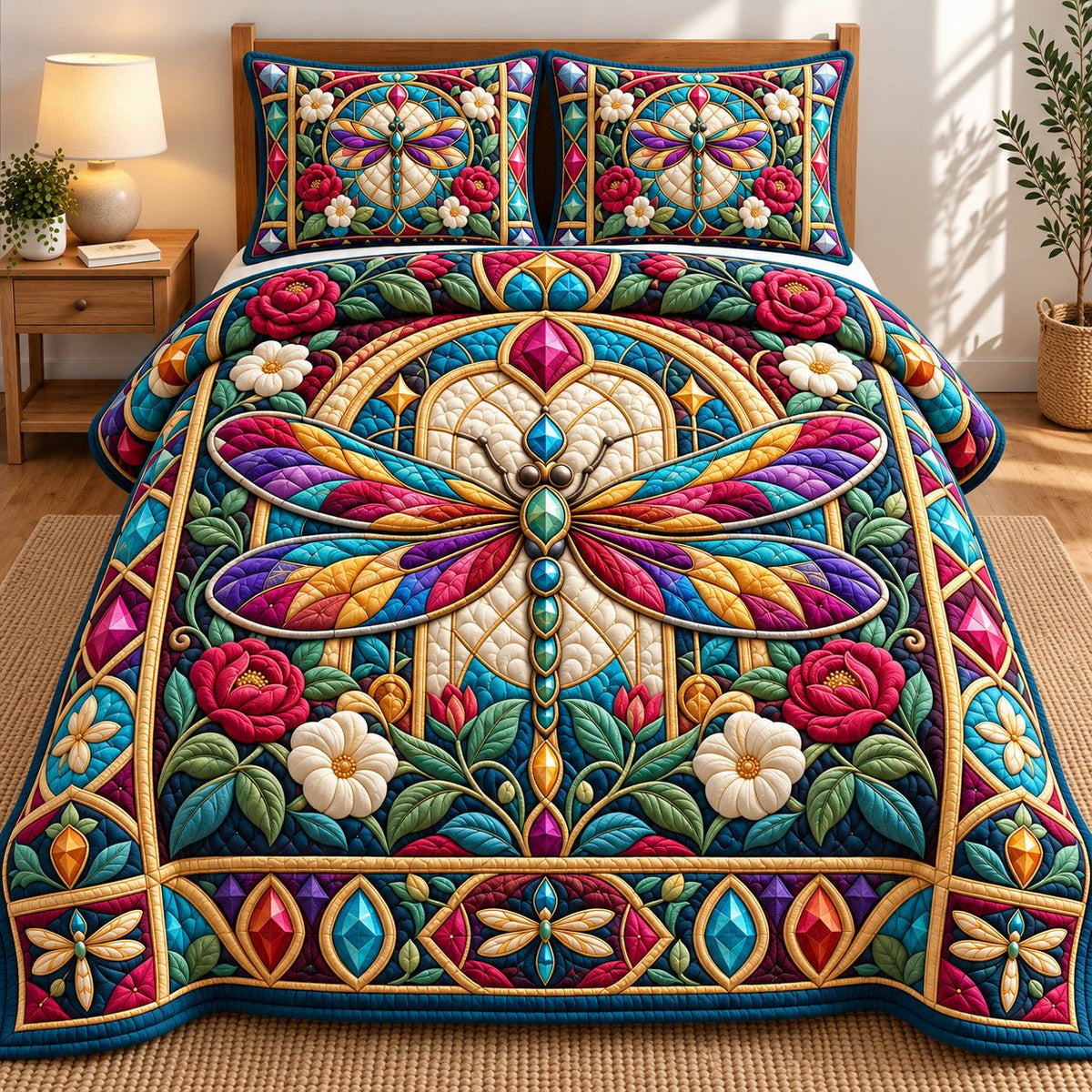 Dragonfly Wings Garden quilted 3-piece bedding set on a made bed with two matching pillow shams