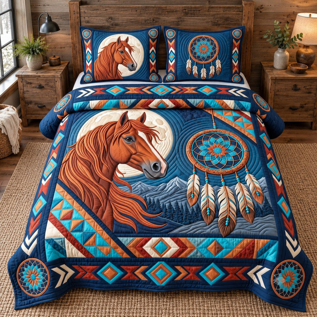 Dreamcatcher Moon Tribal Horse quilted 3-piece bedding set on a made bed in a rustic timber bedroom