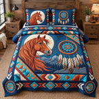 Dreamcatcher Moon Tribal Horse quilted 3-piece bedding set on a made bed in a rustic timber bedroom
