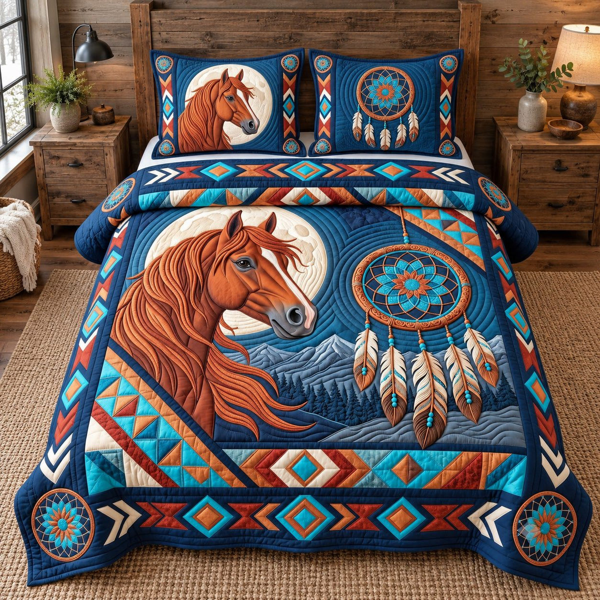 Dreamcatcher Moon Tribal Horse quilted 3-piece bedding set on a made bed in a rustic timber bedroom