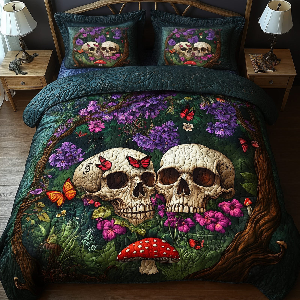 Dreamland Couple Skull 3-Piece Quilted Bedding Set GFTOHD858 quilted 3-piece bedding set on a made bed against a dark styled interior