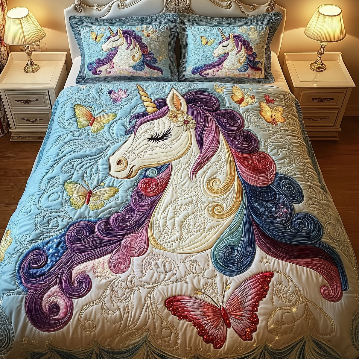 Dreamlight Unicorn 3-Piece Quilted Bedding Set GFTOHD1117 quilted 3-piece bedding set on a made bed with two matching pillow shams