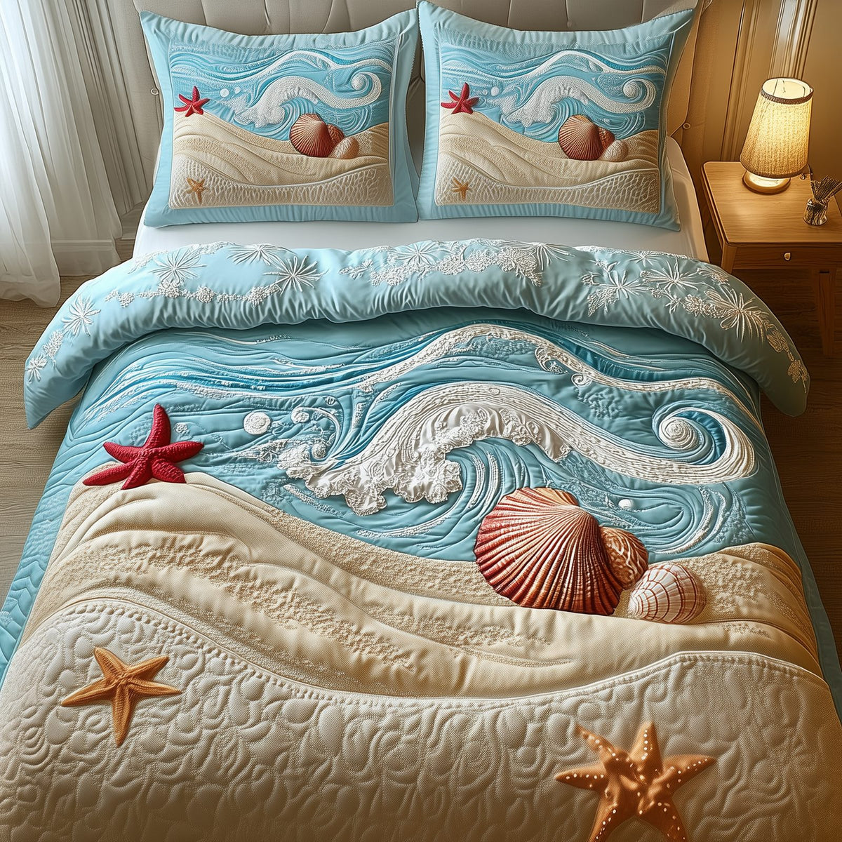 Dreamy Seashore 3-Piece Quilted Bedding Set GFTOTP1533 quilted 3-piece bedding set on a made bed in a light coastal bedroom