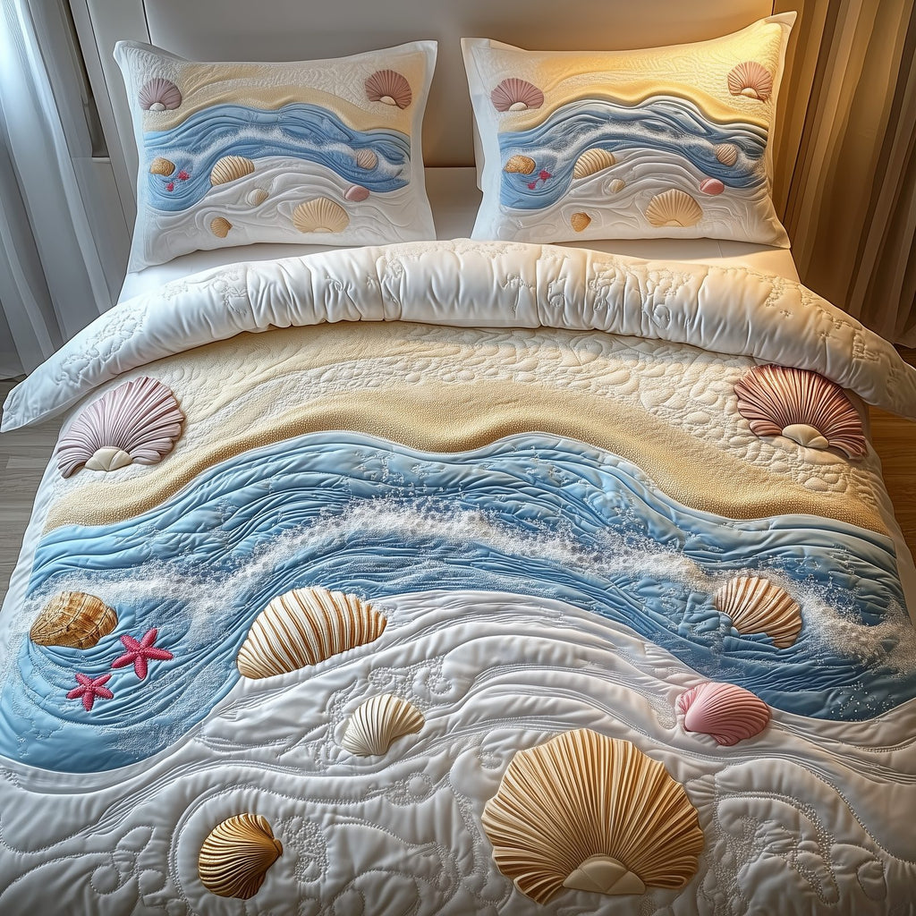Dreamy Seashore 3-Piece Quilted Bedding Set GFTOTP1535 quilted 3-piece bedding set on a made bed in a light coastal bedroom