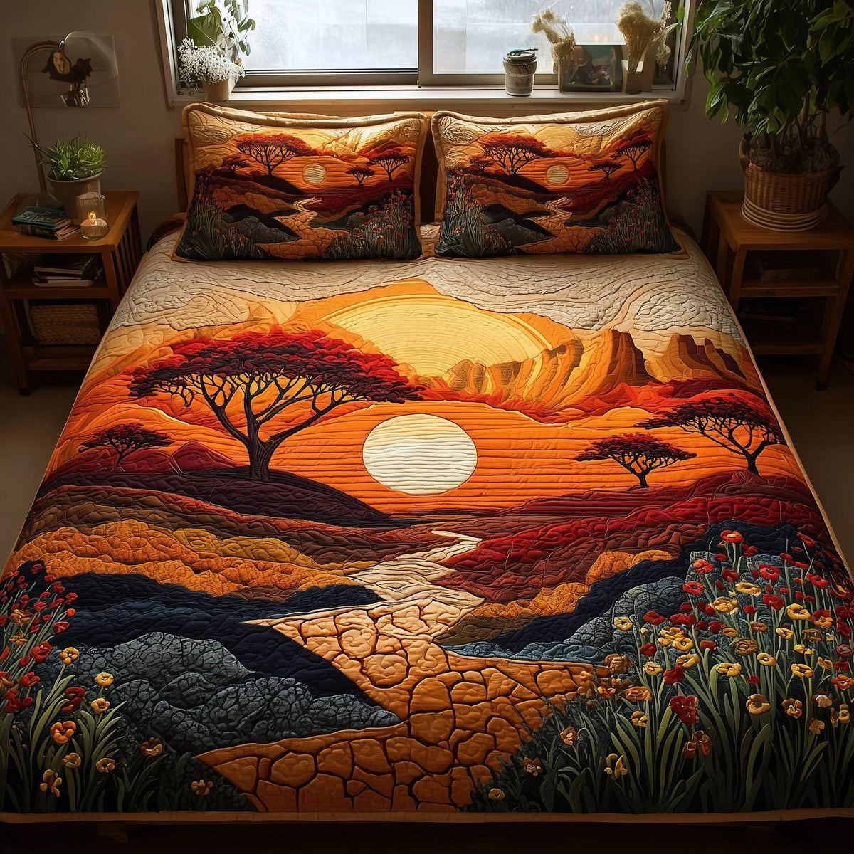 Dried Soil Motherland 3-Piece Quilted Bedding Set GFTOTL3988 quilted 3-piece bedding set on a made bed with two matching pillow shams