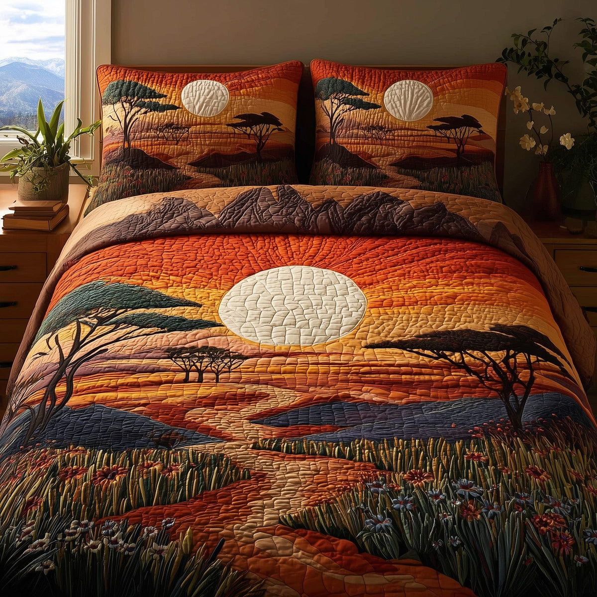 Dried Soil Motherland 3-Piece Quilted Bedding Set GFTOTL3990 quilted 3-piece bedding set on a made bed with two matching pillow shams