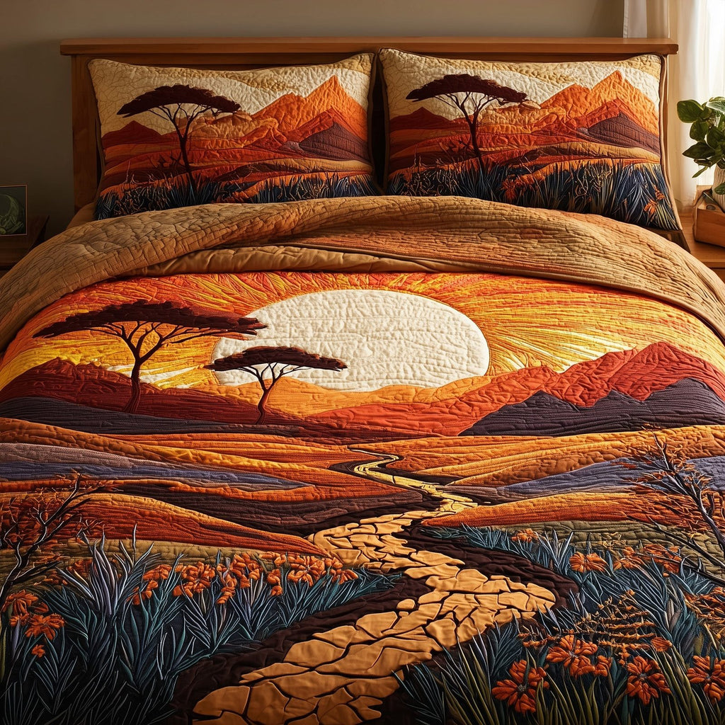 Dried Soil Motherland 3-Piece Quilted Bedding Set GFTOTL3991 quilted 3-piece bedding set on a made bed with two matching pillow shams