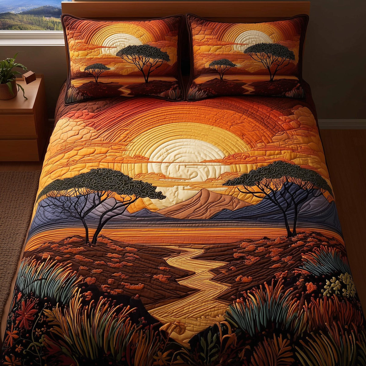 Dried Soil Motherland 3-Piece Quilted Bedding Set GFTOTL3992 quilted 3-piece bedding set on a made bed with two matching pillow shams