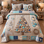 Driftwood Christmas Tree quilted 3-piece bedding set on a made bed in a winter-styled bedroom