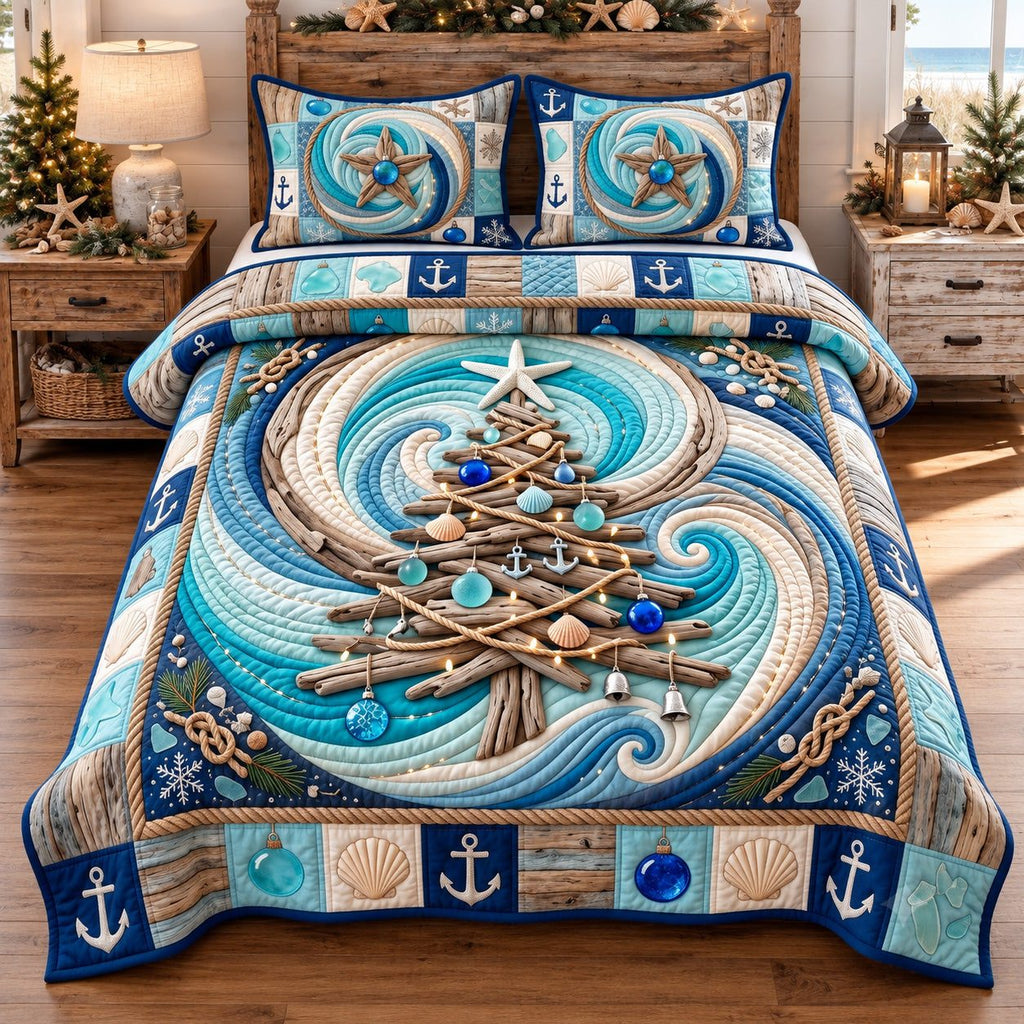 Driftwood Holiday Tree quilted 3-piece bedding set on a made bed in a winter-styled bedroom