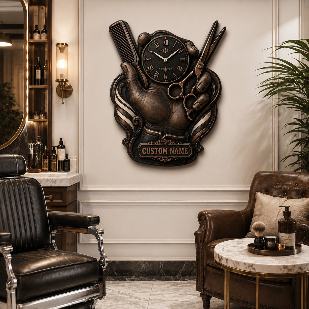 Personalized barber hand, scissors and comb wall clock — personalized with a custom name