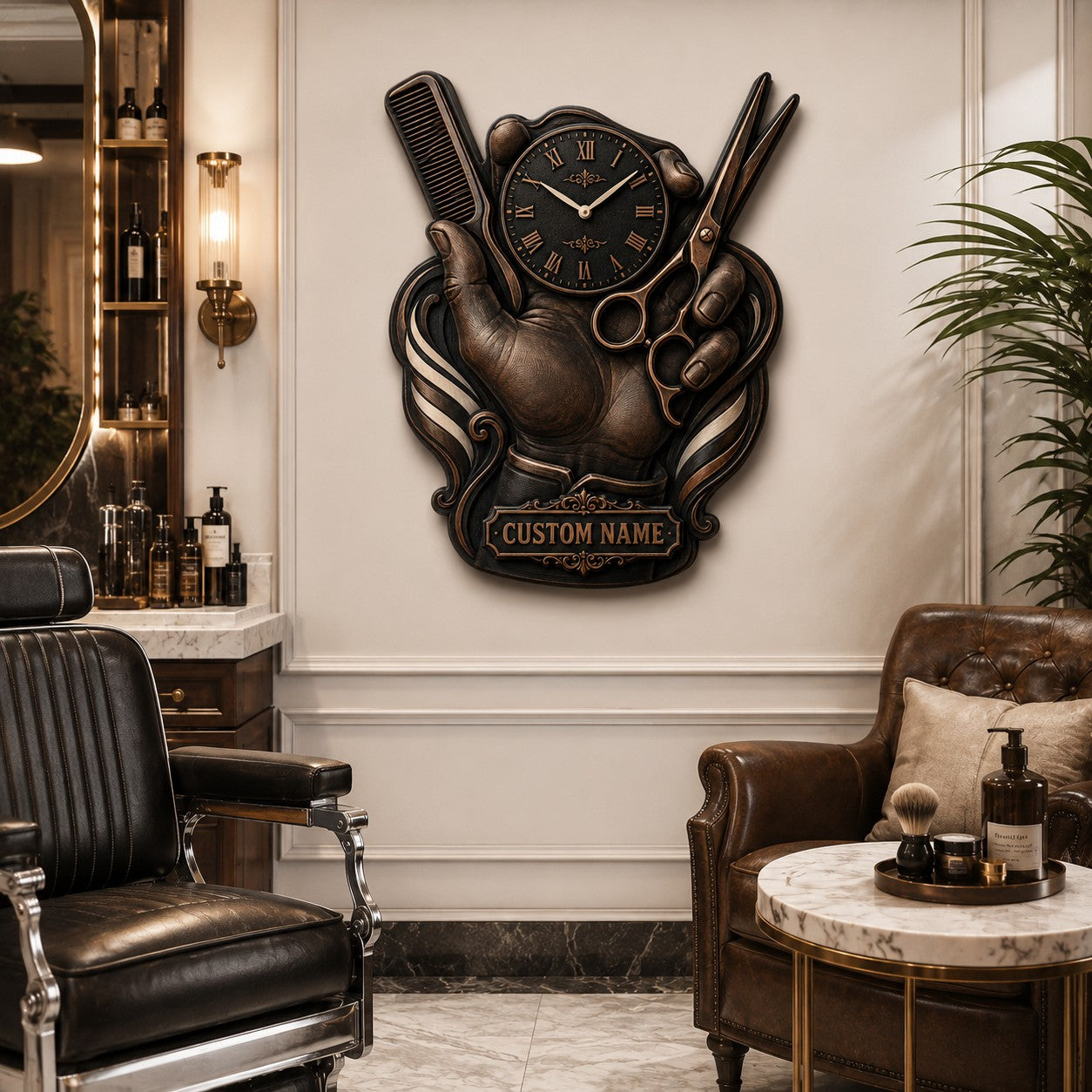 Personalized barber hand, scissors and comb wall clock — personalized with a custom name