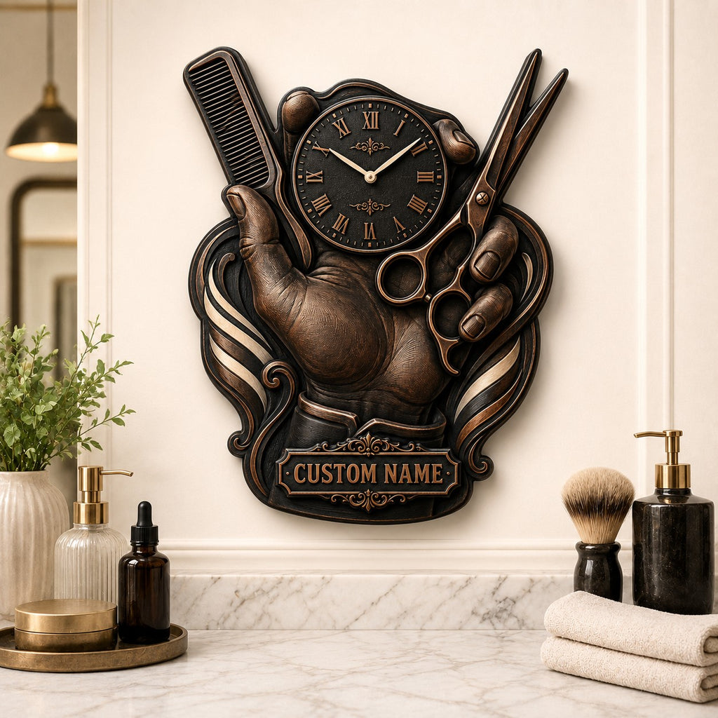 Personalized barber hand, scissors and comb wall clock — personalized with a custom name