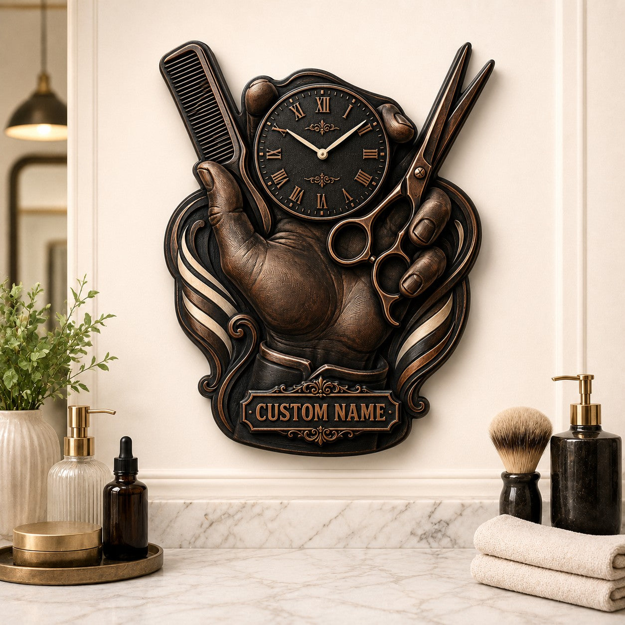 Personalized barber hand, scissors and comb wall clock — personalized with a custom name
