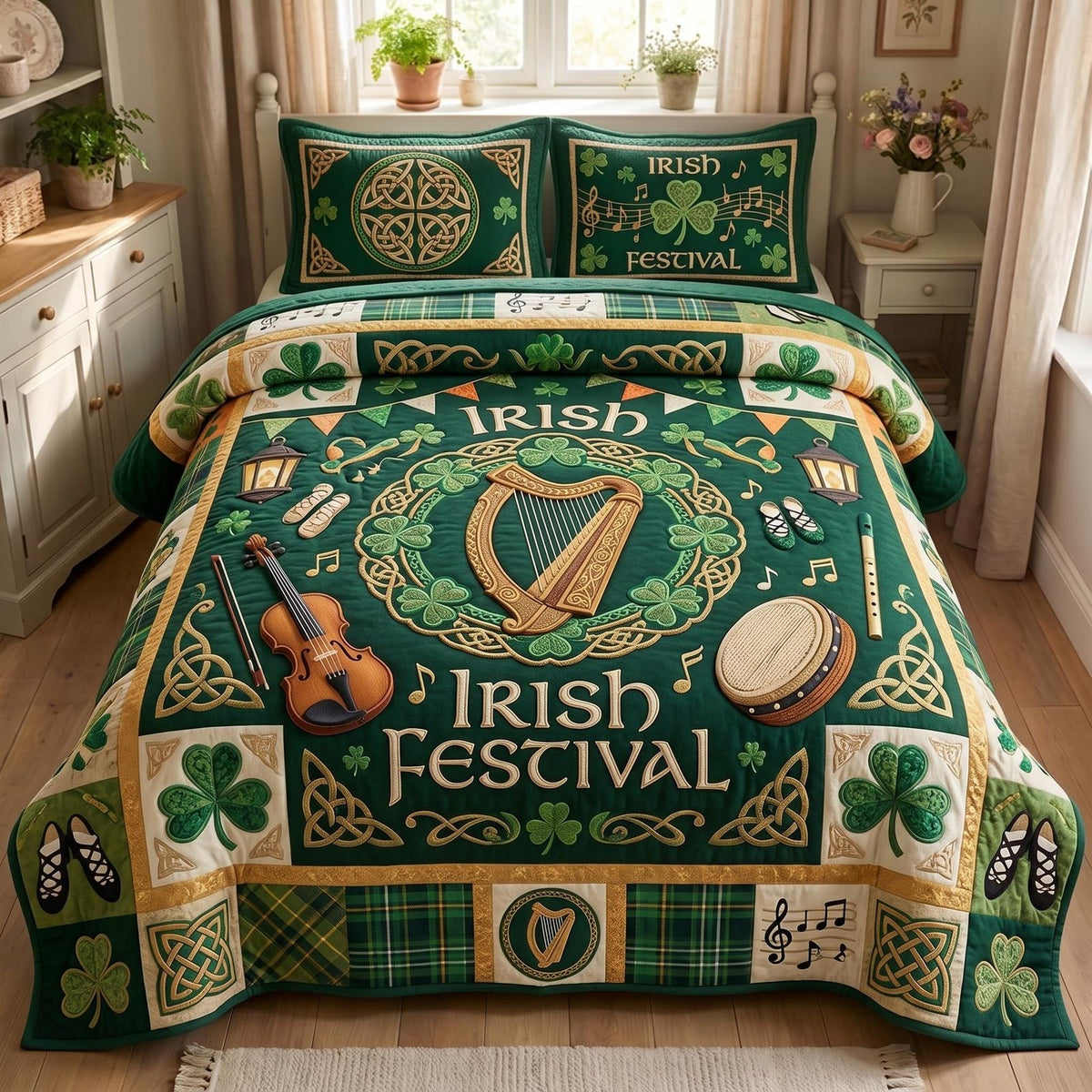 Dublin Pride 3-Piece Quilted Bedding Set GFTOMA12855 quilted 3-piece bedding set on a made bed with two matching pillow shams