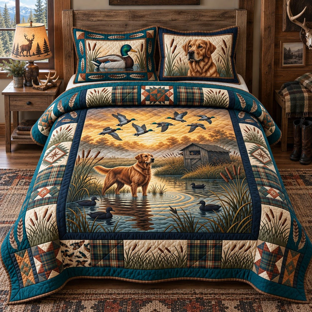 Duck Hunting Companion quilted 3-piece bedding set on a made bed with two matching pillow shams
