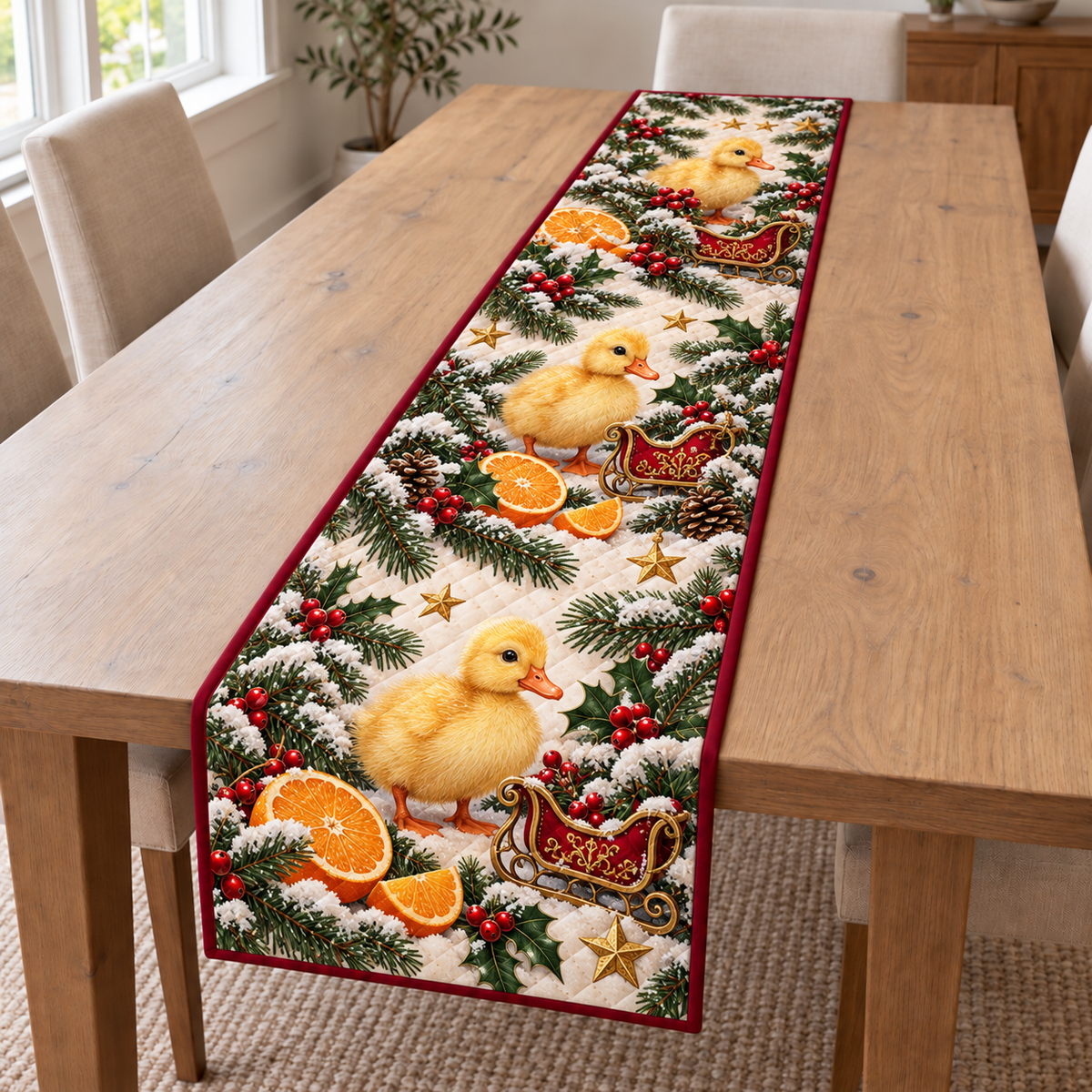 Duckling Orange Toy Sleigh printed Christmas quilted table runner; design mockup showing a flat printed depth effect.