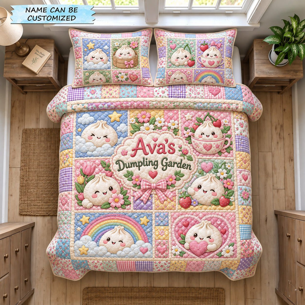 Dumpling Garden 3-Piece Quilted Bedding Set QTCUZ quilted 3-piece bedding set on a made bed with two matching pillow shams