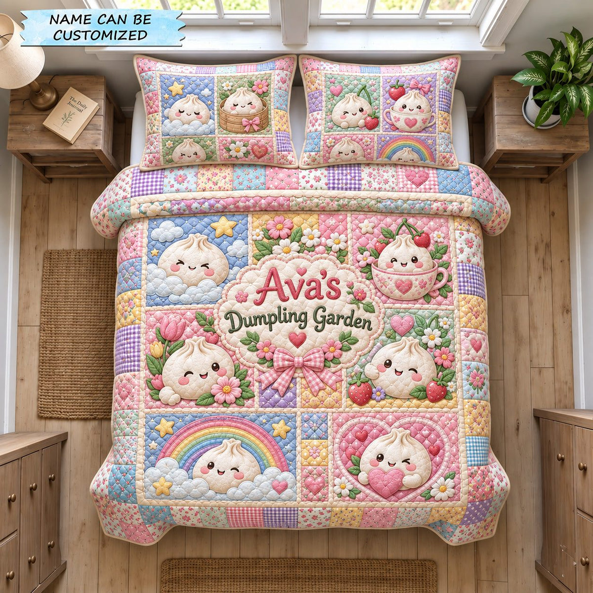 Dumpling Garden 3-Piece Quilted Bedding Set QTCUZ quilted 3-piece bedding set on a made bed with two matching pillow shams