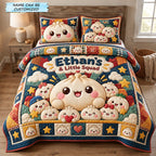 Dumpling Little Squad 3-Piece Quilted Bedding Set QTCUZ quilted 3-piece bedding set on a made bed with two matching pillow shams