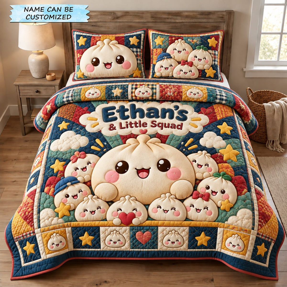 Dumpling Little Squad 3-Piece Quilted Bedding Set QTCUZ quilted 3-piece bedding set on a made bed with two matching pillow shams
