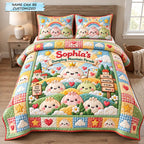 Dumpling Mountain Parade 3-Piece Quilted Bedding Set QTCUZ quilted 3-piece bedding set on a made bed with two matching pillow shams