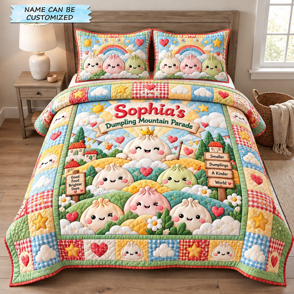 Dumpling Mountain Parade 3-Piece Quilted Bedding Set QTCUZ quilted 3-piece bedding set on a made bed with two matching pillow shams