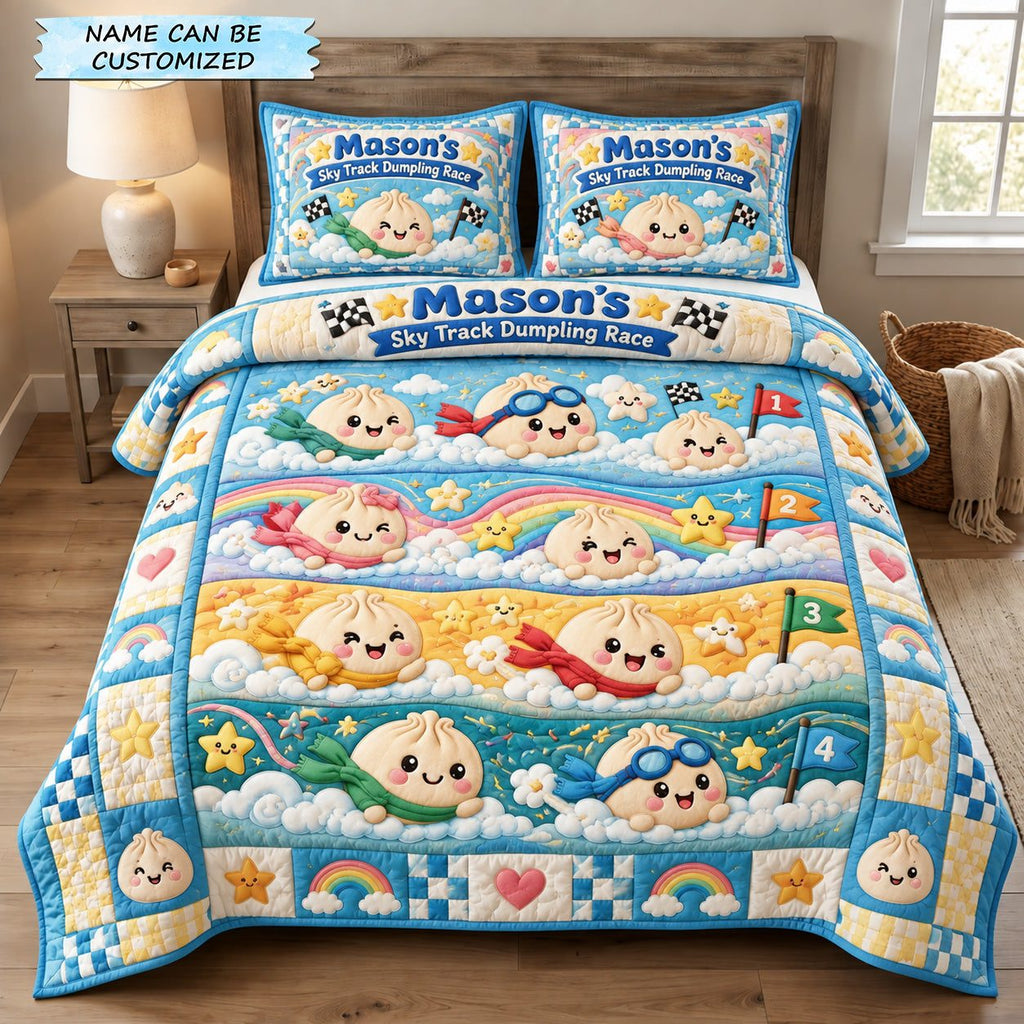Dumpling Sky Race 3-Piece Quilted Bedding Set QTCUZ quilted 3-piece bedding set on a made bed with two matching pillow shams