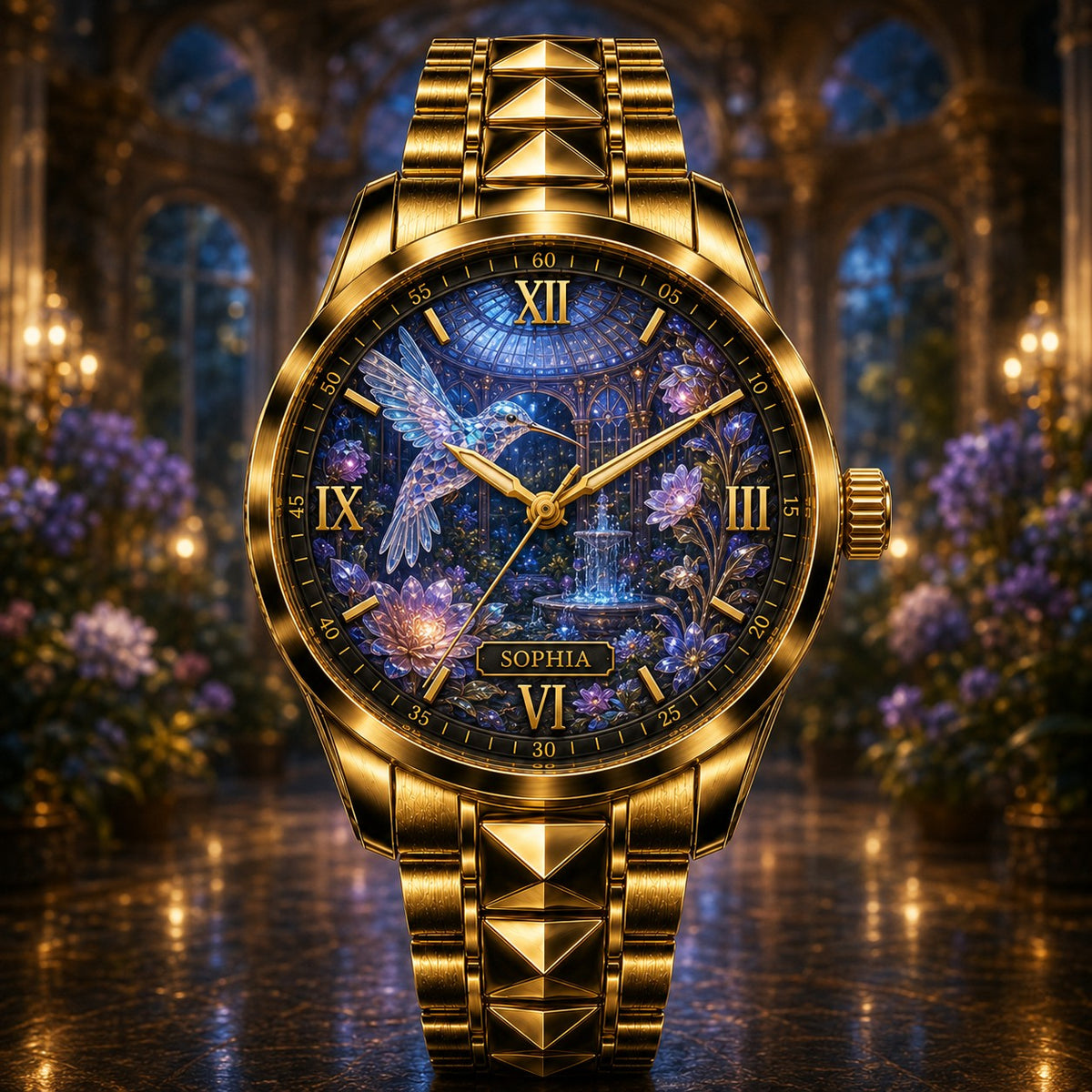 Custom Crystal Hummingbird Garden Watch — personalized with a custom name
