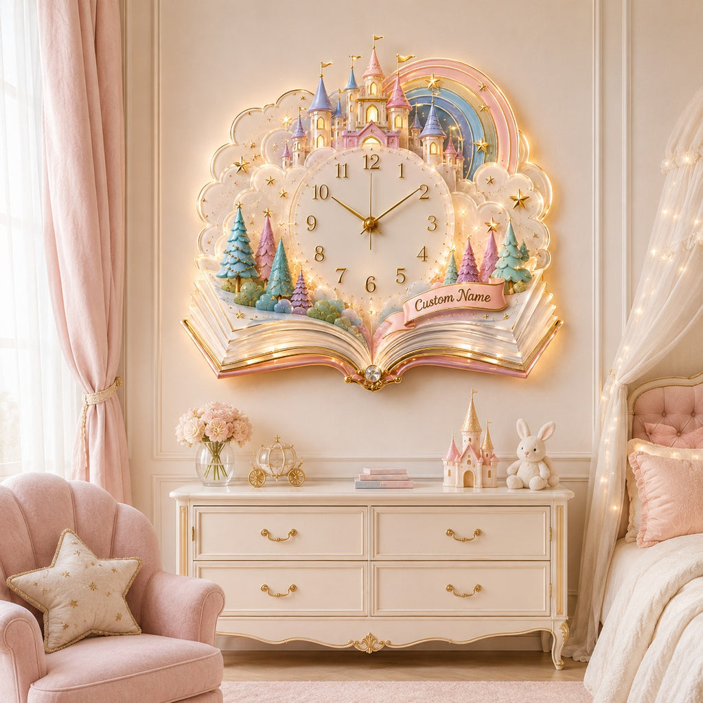 Fairy tale castle Custom Name Wall Clock — personalized with a custom name