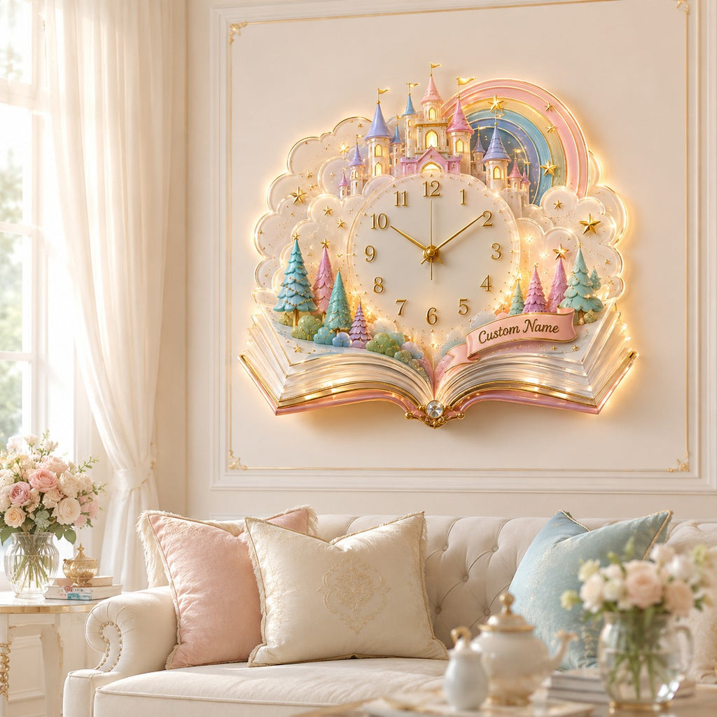 Fairy tale castle Custom Name Wall Clock — personalized with a custom name