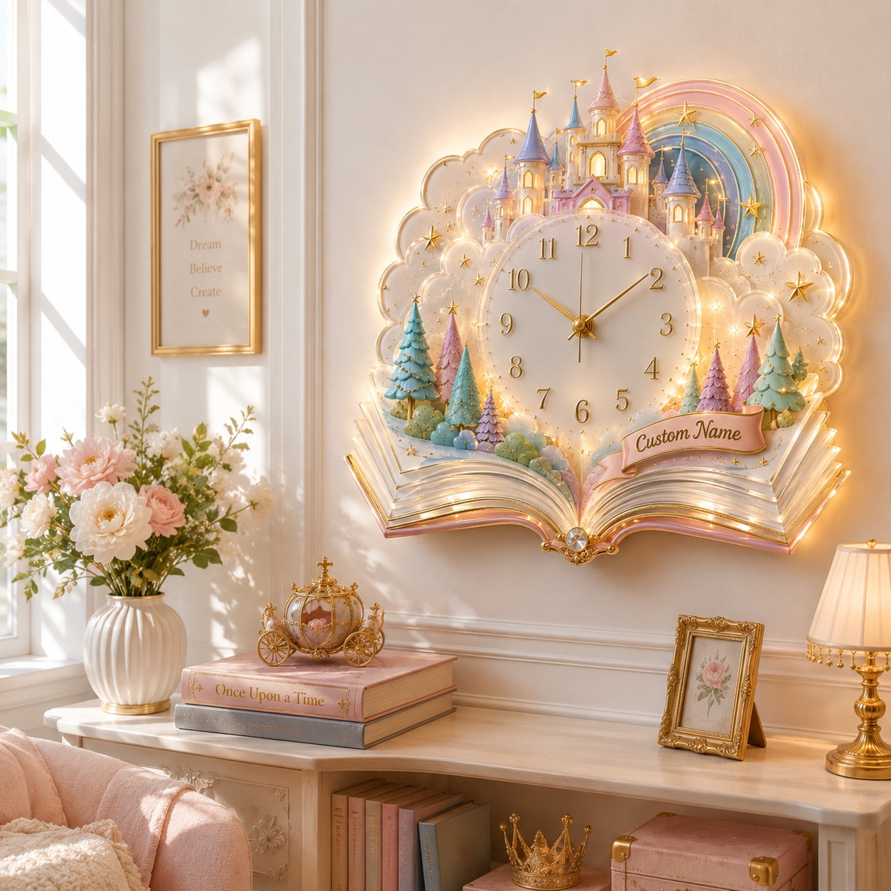 Fairy tale castle Custom Name Wall Clock — personalized with a custom name