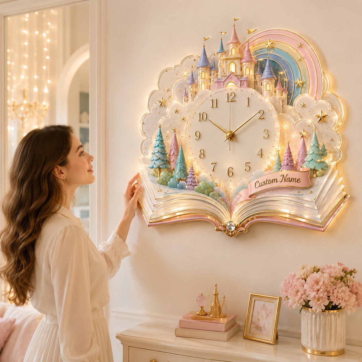 Fairy tale castle Custom Name Wall Clock — personalized with a custom name